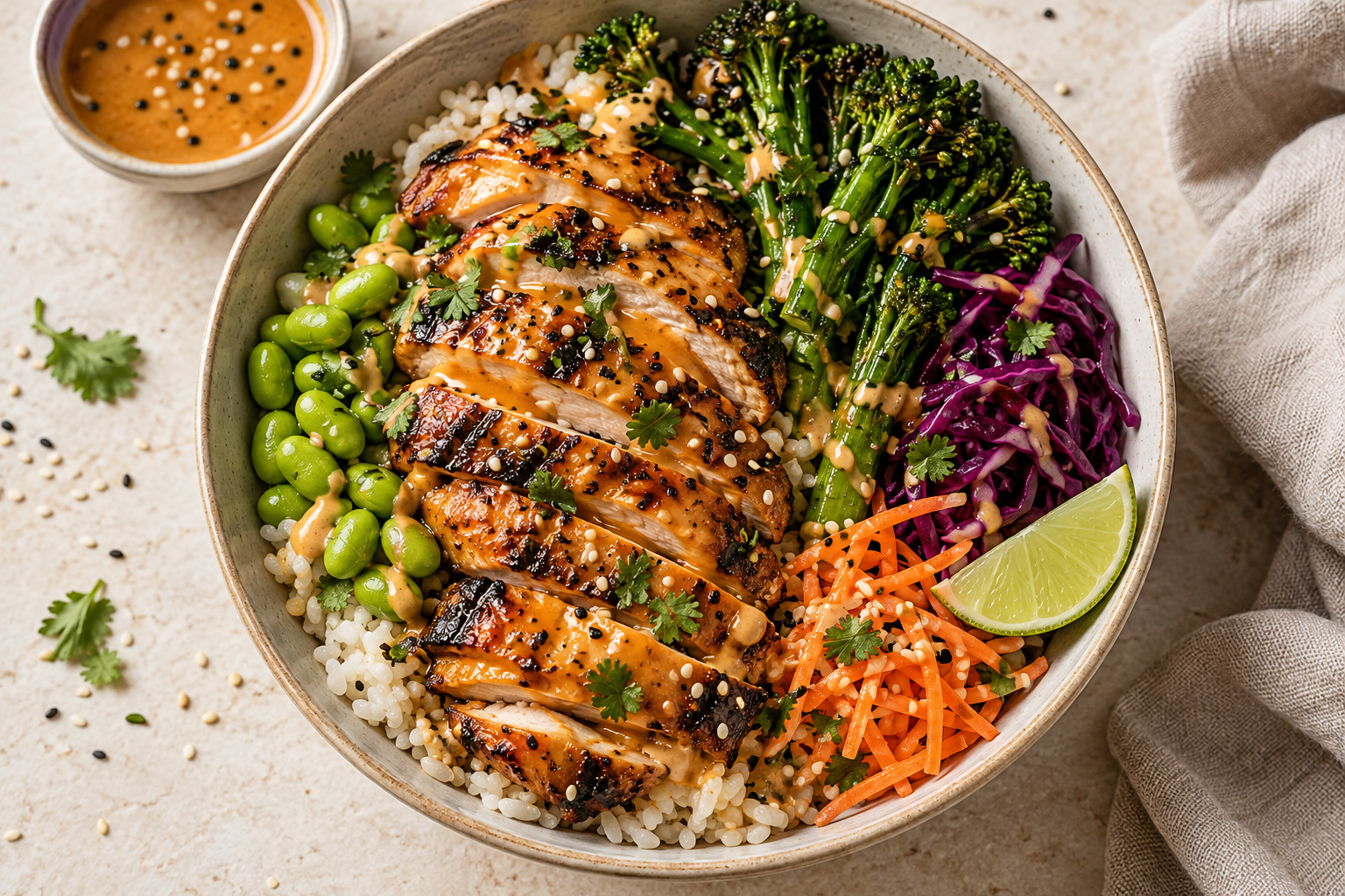 Grilled chicken, rice and colourful vegetables with sesame dressing